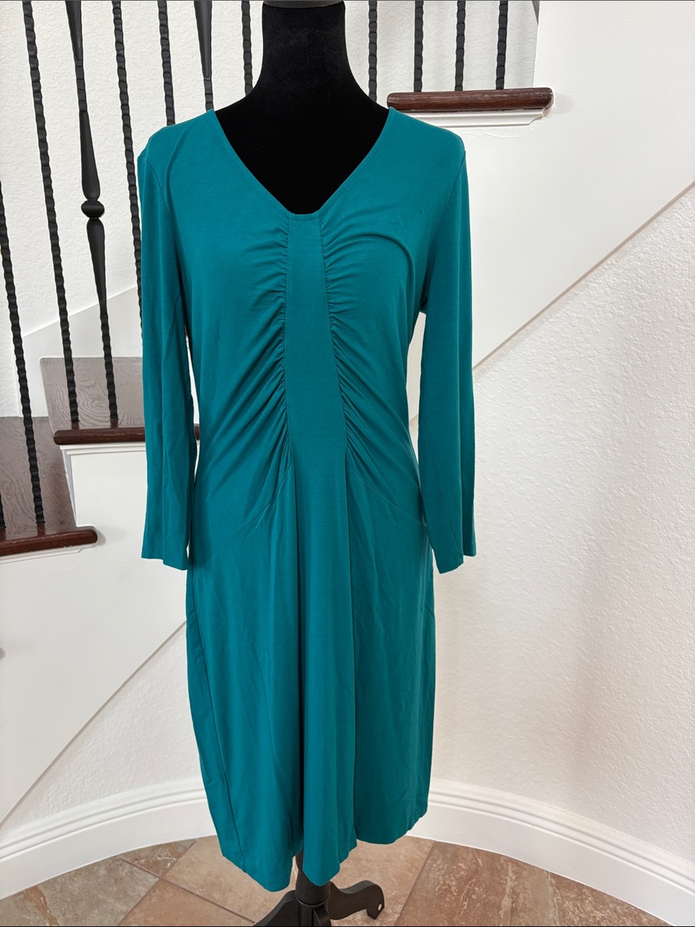 Tommy Bahama Teal V-Neck Ruched Front Long Sleeve Dress